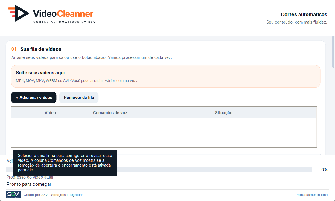 Interface do VideoCleanner mostrando a fila de vídeos e a lista de cortes sugeridos